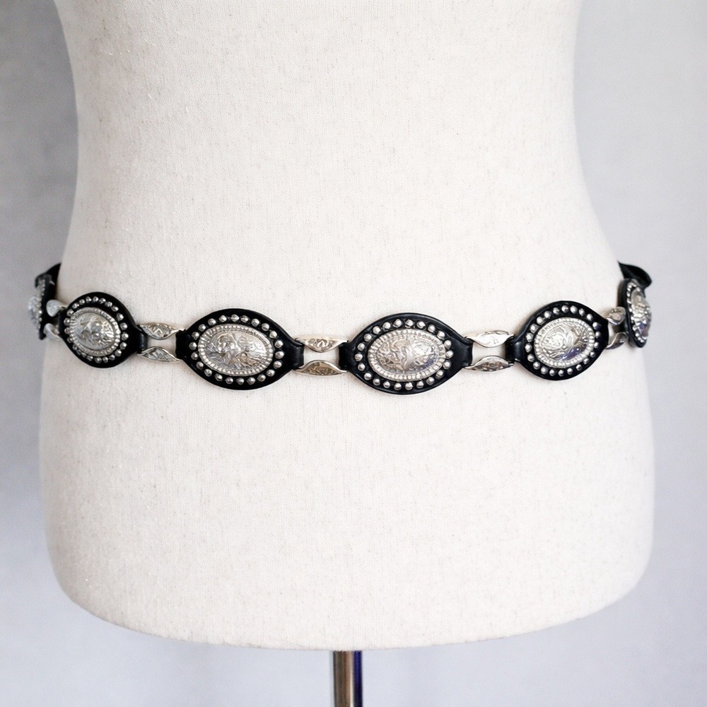 Haute Hippie New Black Silver Concho Vegan Leather Western Statement Belt XL - Picture 1 of 6